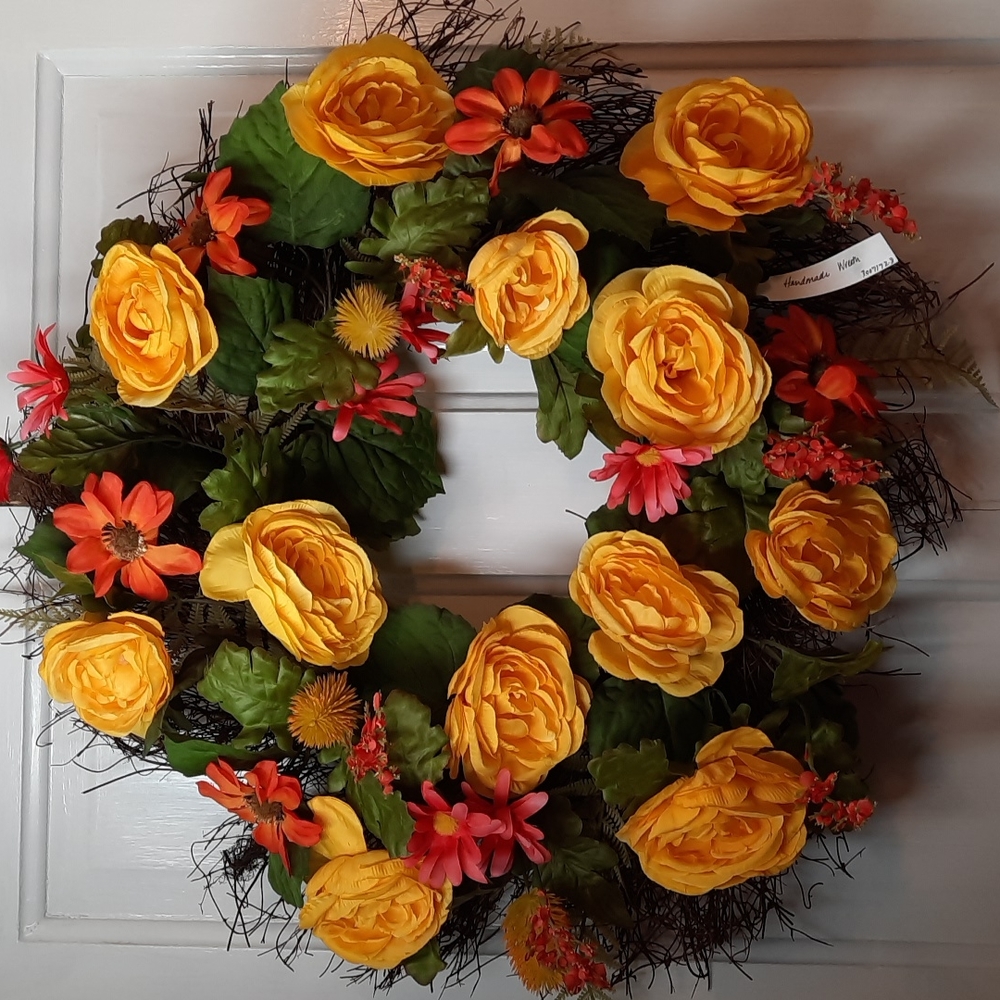 Wreath Yellow Renunculas Silk Artificial Flower Indoor Outdoor Door Wall Decor
